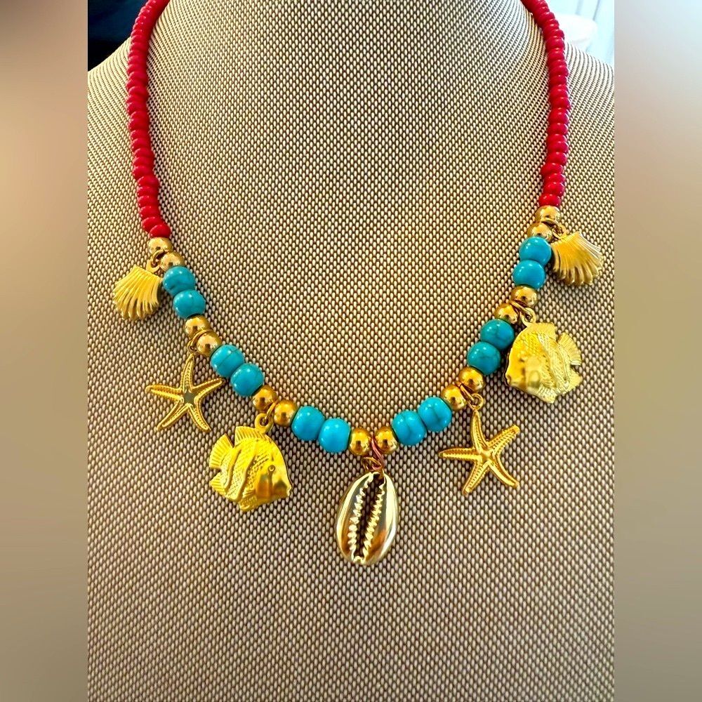 Blue Turquoise Color Stainless Steel Fish Shell Pendant Red Bead Neck